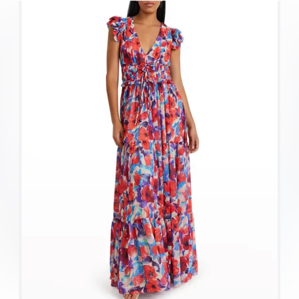 PatBo Red & Violet V-Neck Flutter-Sleeve Maxi Dress